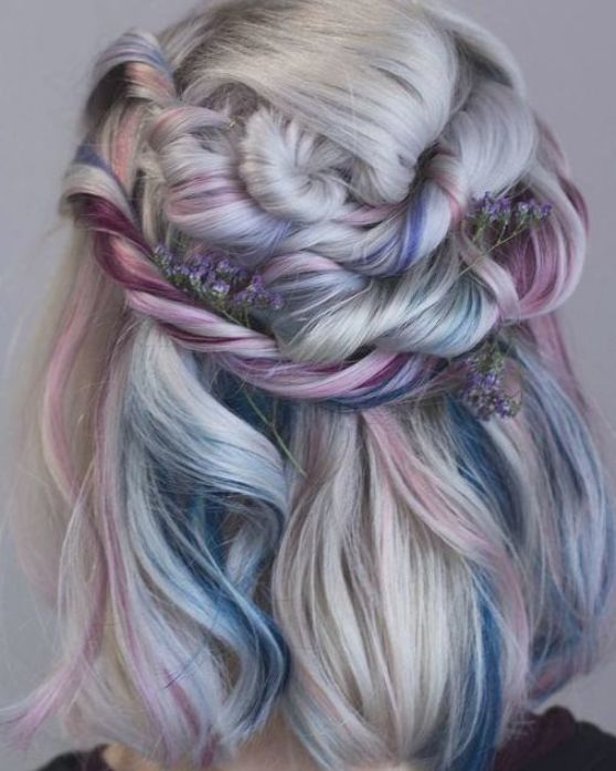 Pastel Rainbow Hair Color for a Wavy Short Inverted Bob
