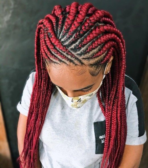 Black and Red Feed In Cornrows